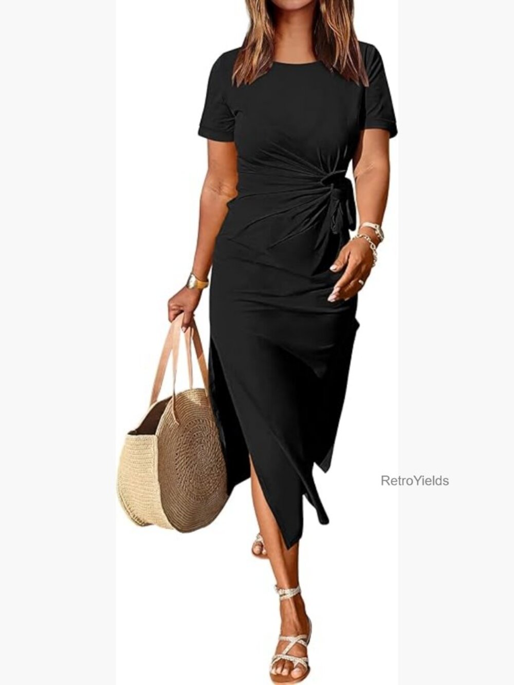 Maxi Tshirt Dress Short Sleeve Crewneck Tie Waist Slim Fit Beach Casual